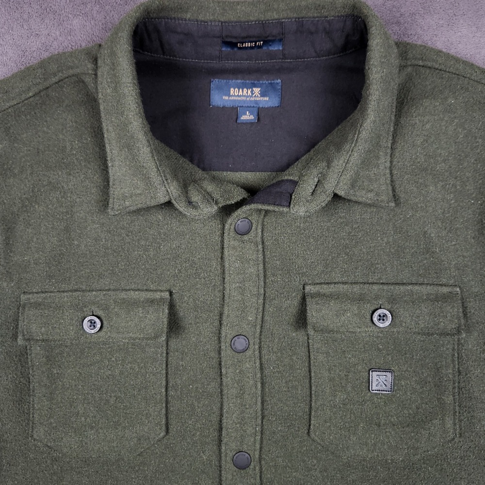 Roark Nordsman Shirt Mens Large Green Flannel Wool Blend Elbow Patch Heavyweight